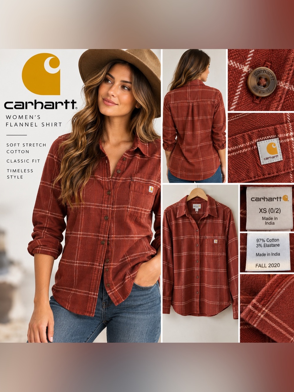 Carhartt Rust Plaid Stretch Flannel Shirt Women’s XS 0/2